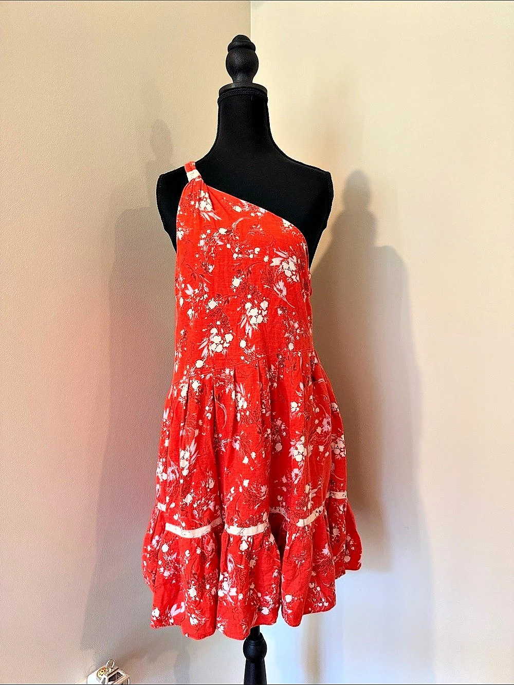 Free People Floral One-Shoulder Mini Dress Red & White Small